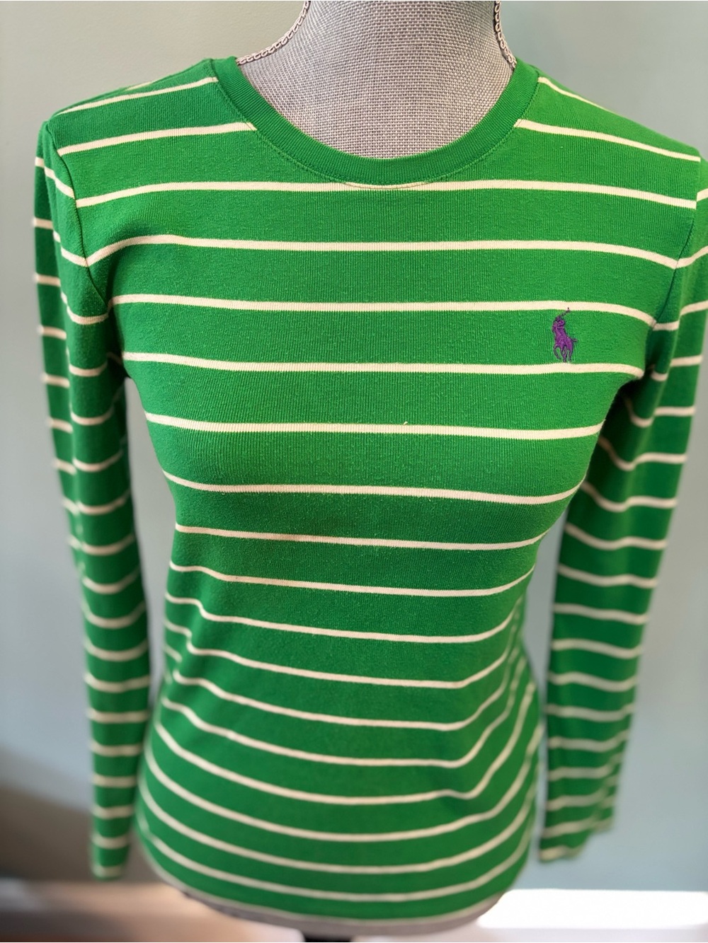 Ralph Lauren Green & White Striped Long Sleeve Top with Purple Pony